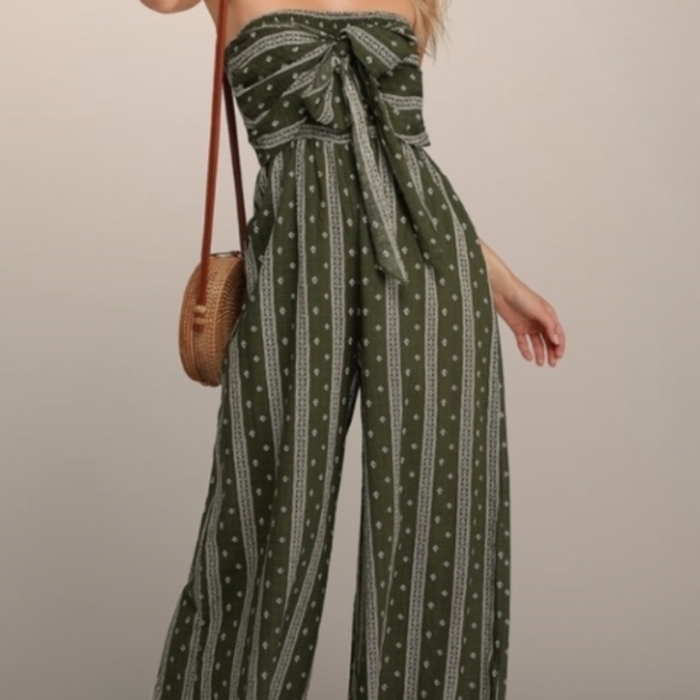 Lulu's Olive Strapless Patterned Jumpsuit